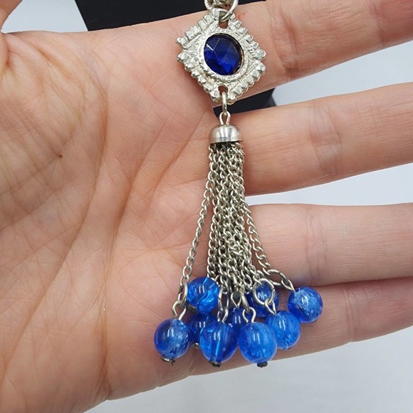 Vintage 1970s Blue Bezel Set Stations Tassel Necklace Hippie 32" Multi Chain - Picture 5 of 7